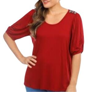 Cupio Red Top with Embellished Shoulders NWT